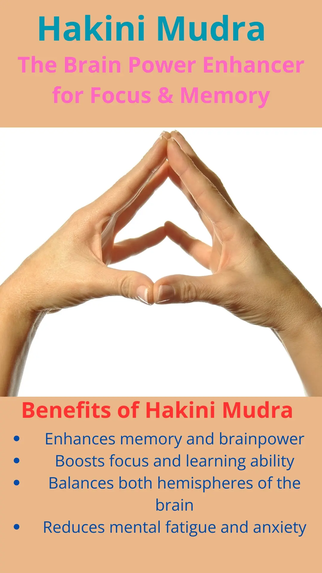 Image showing the hand position for Hakini Mudra, where the fingertips of both hands are gently touching. Text above and below describes it as "The Brain Power Enhancer for Focus & Memory" and lists benefits including enhanced memory, boosted focus, brain hemisphere balance, and reduced mental fatigue and anxiety.